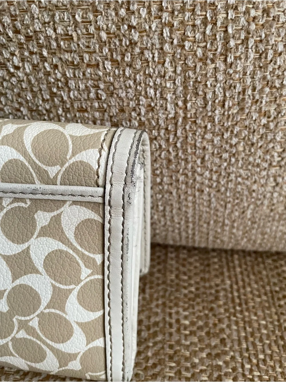 Coach Beige Signature leather Trifold Wallet with Pink Center Stripe